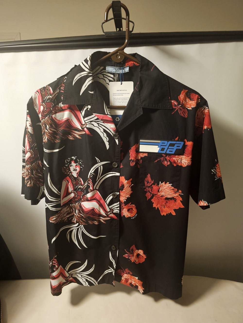 Prada Black Short-Sleeve Hawaiian Button-Down with Red Floral & Graphic Detail